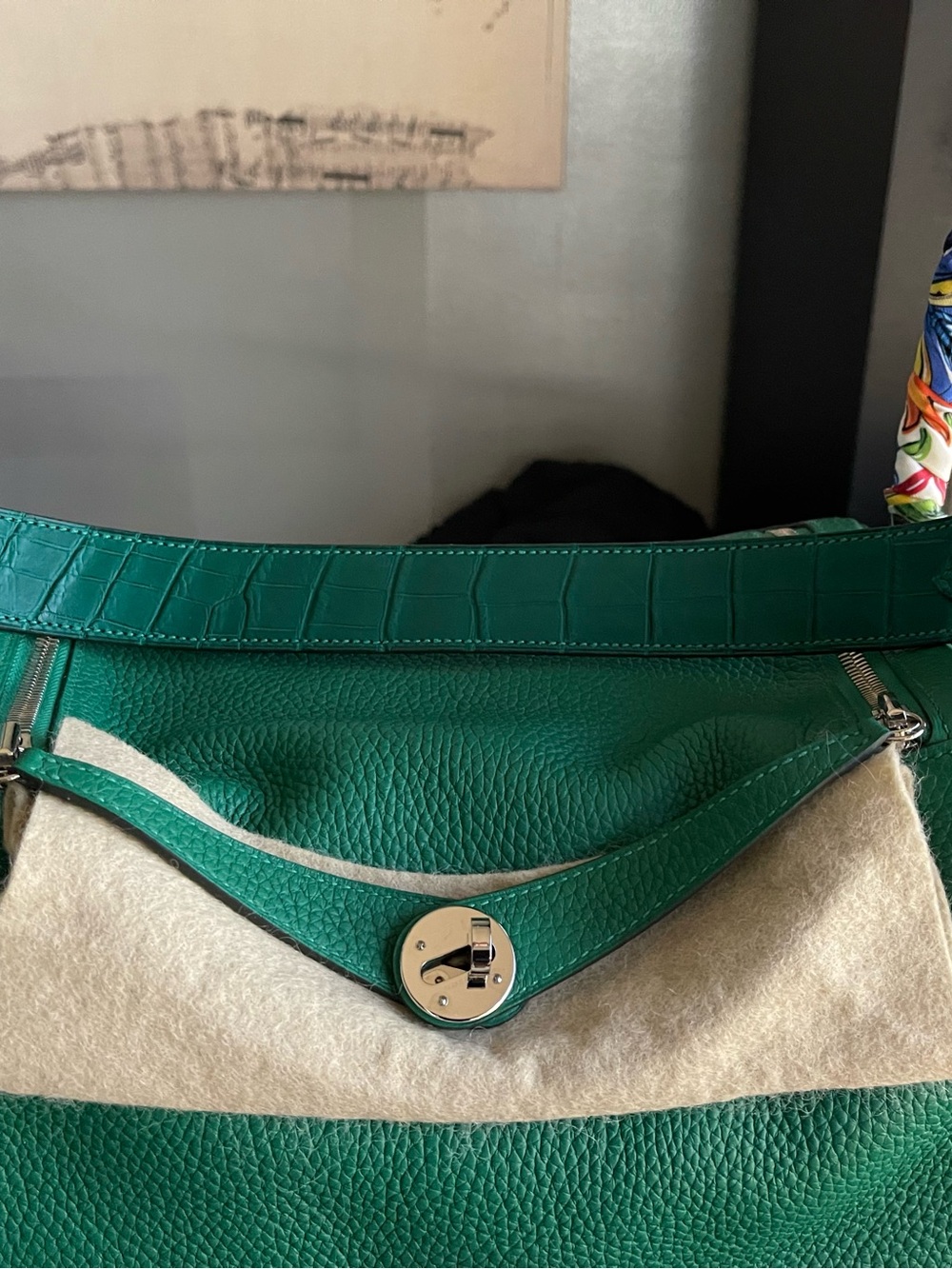 Hermes Lindy Touch 30 Emerald Green Leather Shoulder Bag with Silver Turn-Lock